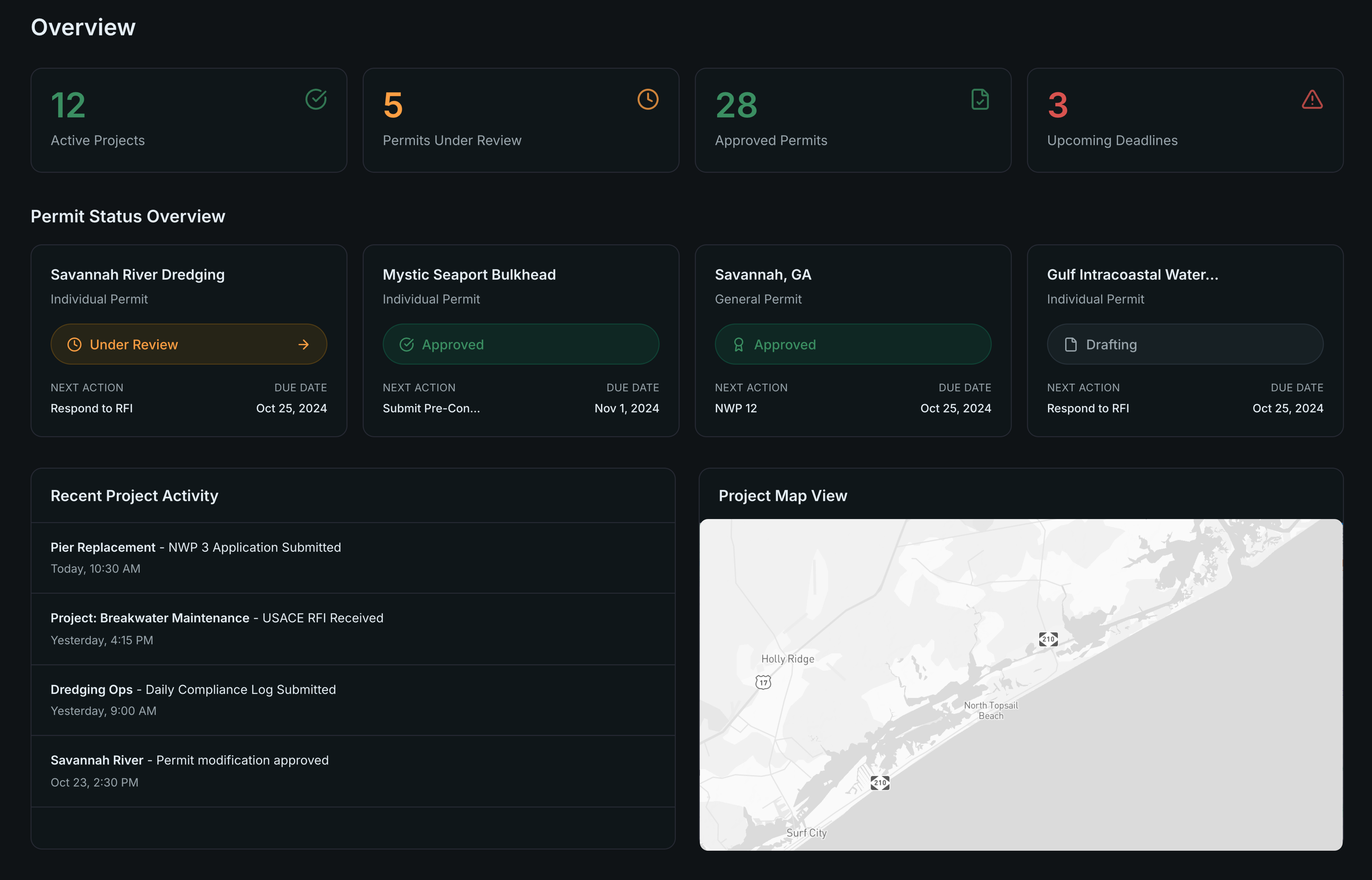 Course Clear dashboard with permit statuses, activity, and map